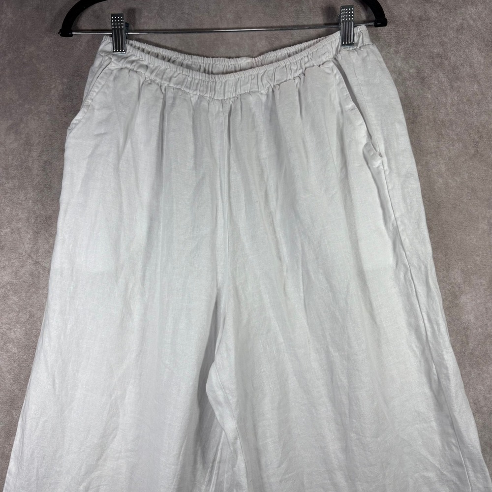 Camille & Co Pants Womens Medium White 100% Linen Wide Leg Raw Hem Boho Resort - Picture 2 of 9